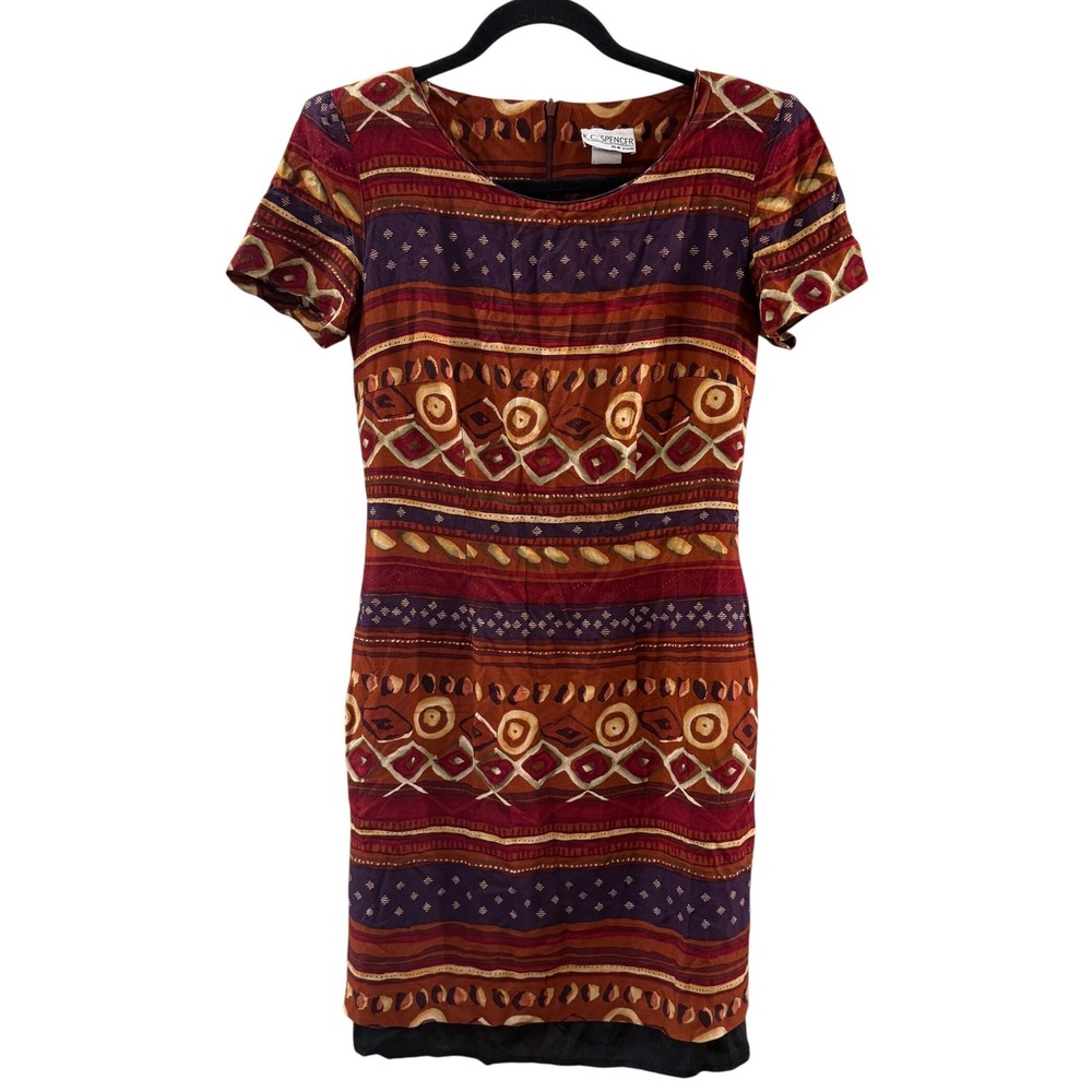 K.C. Spencer Vintage 90s Tribal Print Rayon Shift Dress Rust Burgundy Size 6